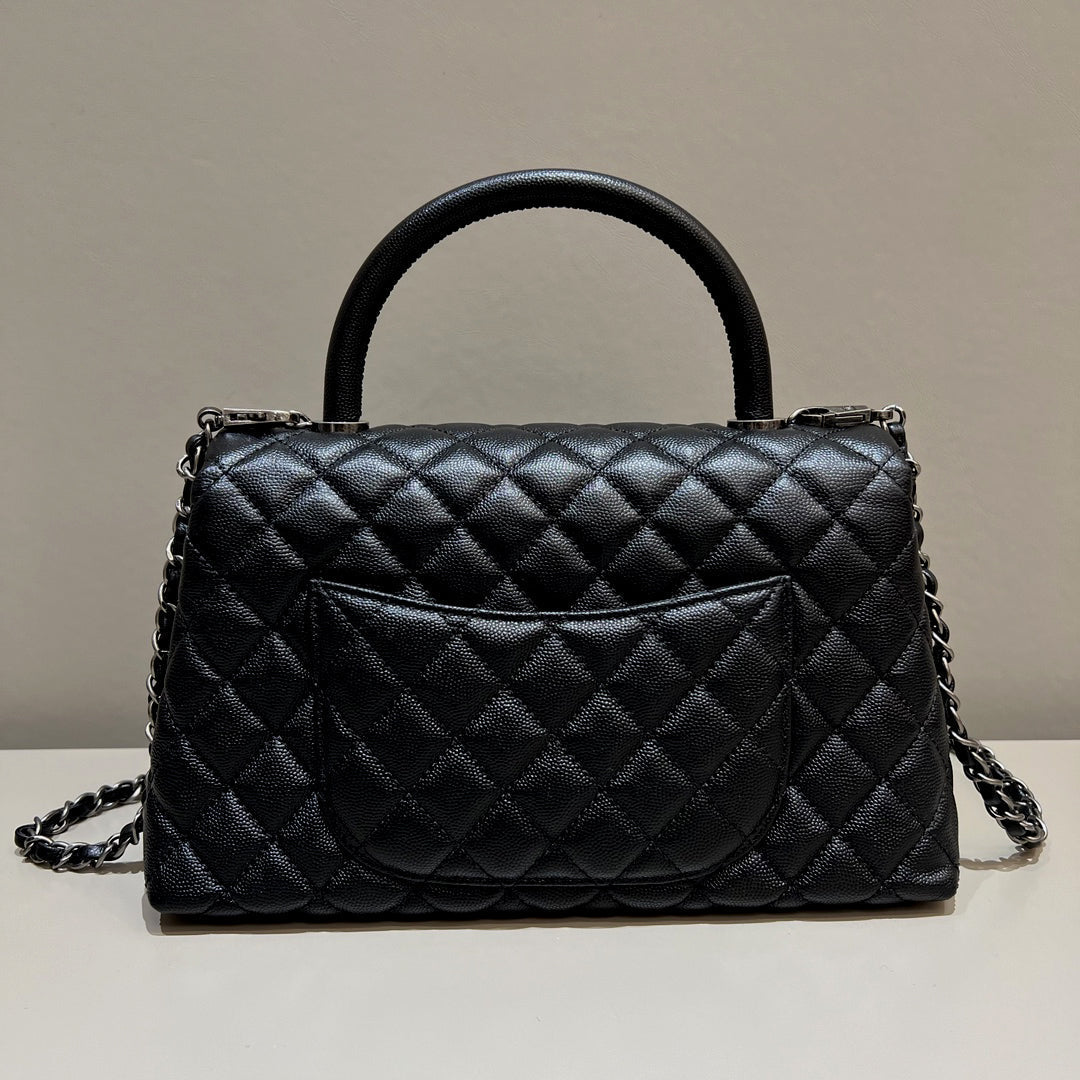 CH LARGE FLAP BAG WITH TOP HANDLE 29 Small Grained Calfskin Black