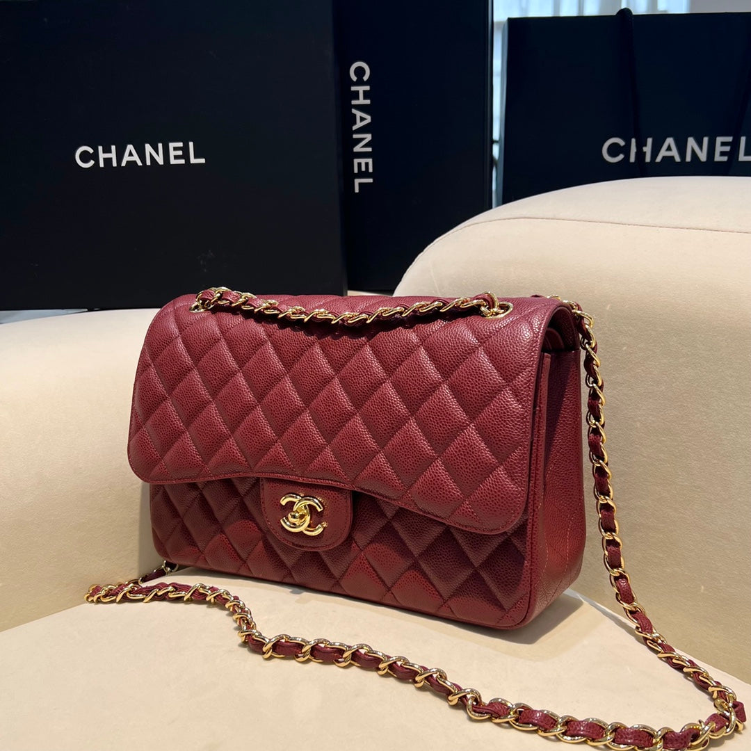 CH LARGE CLASSIC HANDBAG 30 Grained Calfskin Red Wine Color