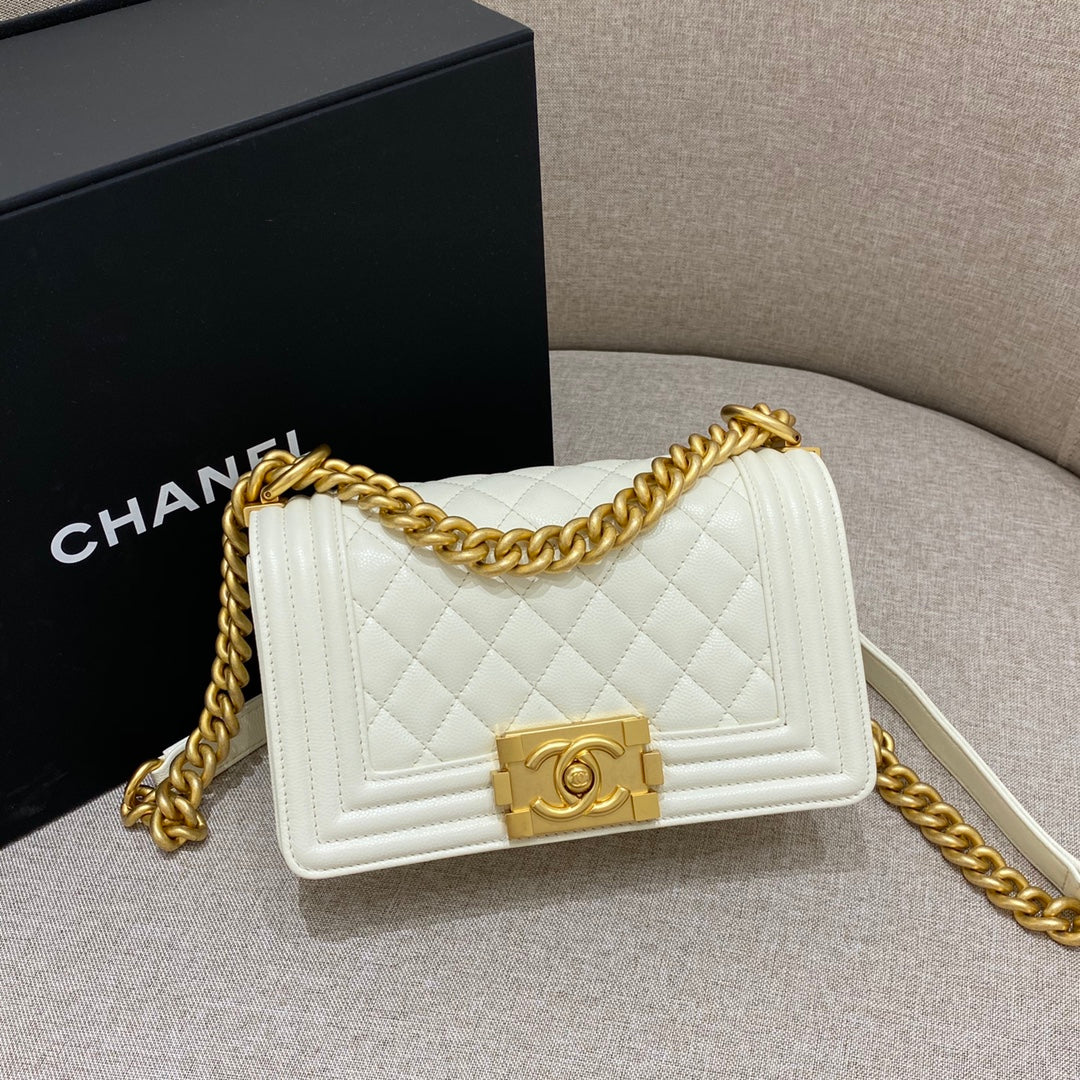 CH SMALL BOY HANDBAG 20 Small Grained Calfskin Ivory White