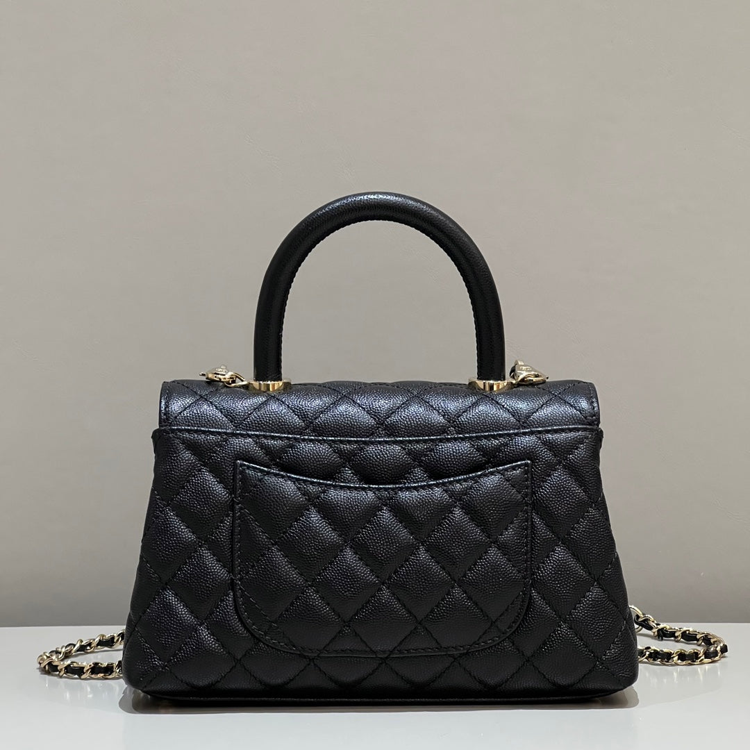 CH FLAP BAG WITH TOP HANDLE 24 Grained Calfskin Black