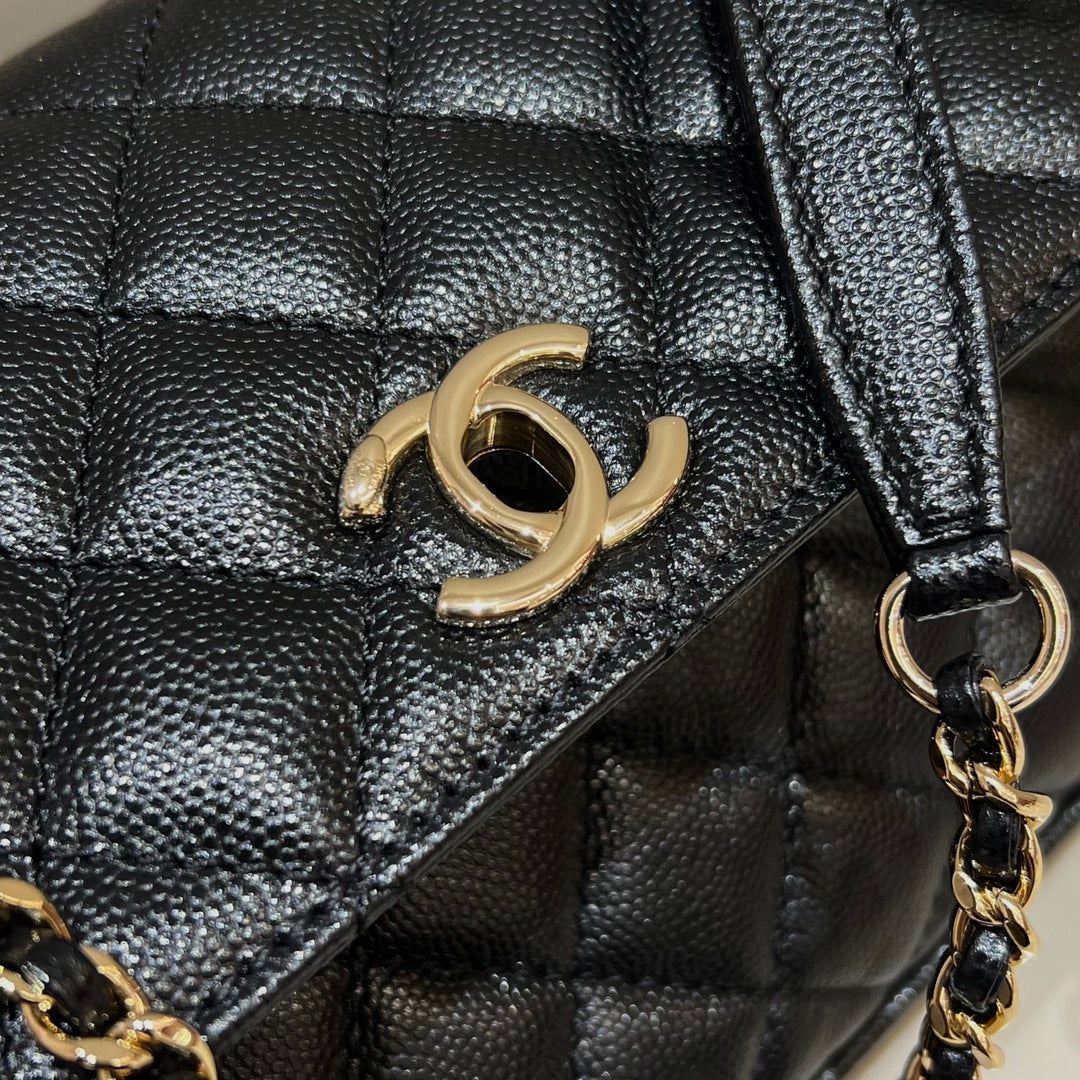 CH FLAP BAG WITH TOP HANDLE 24 Grained Calfskin Black