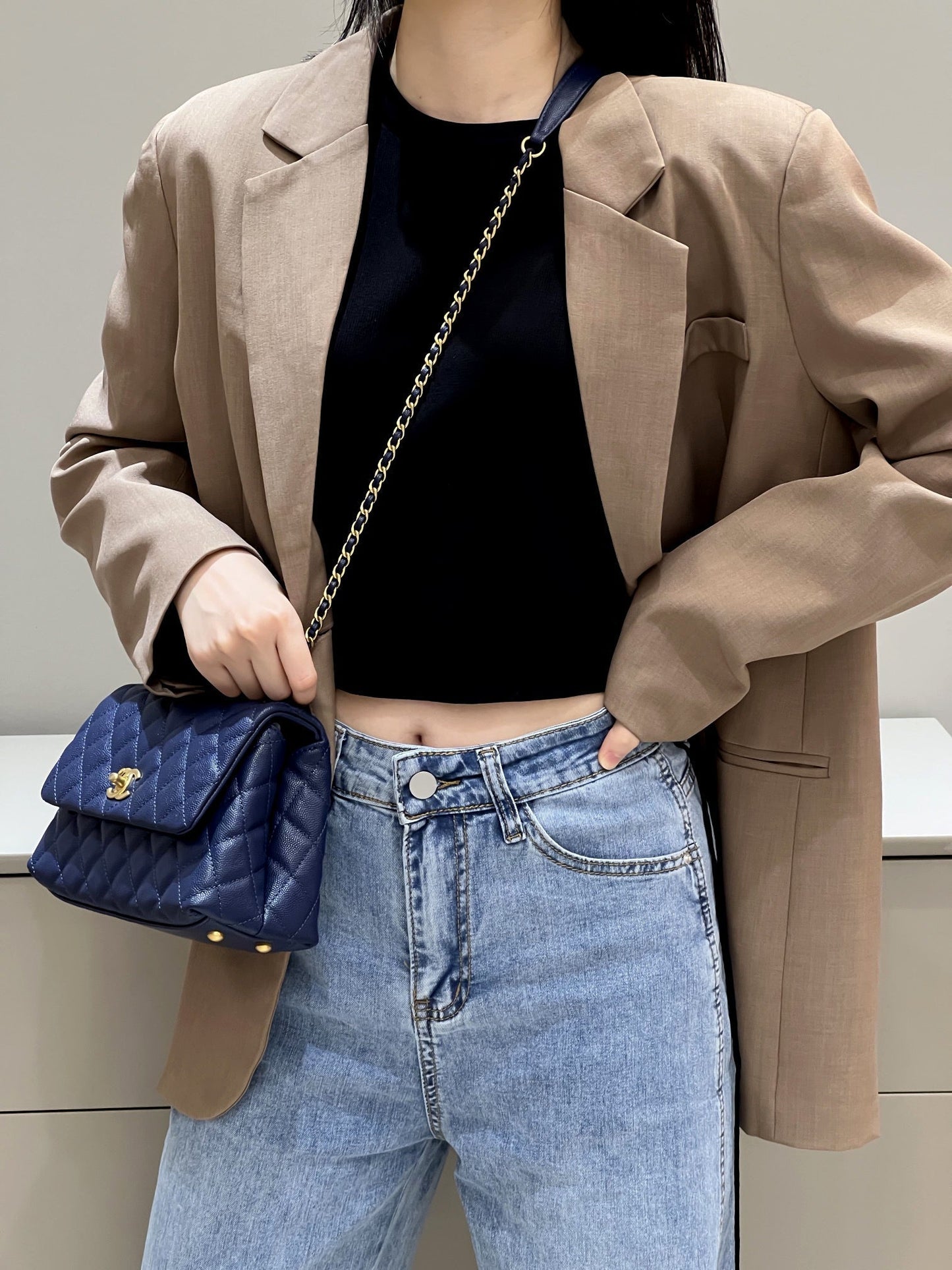 CH FLAP BAG WITH TOP HANDLE 24 Small Grained Calfskin Navy Blue