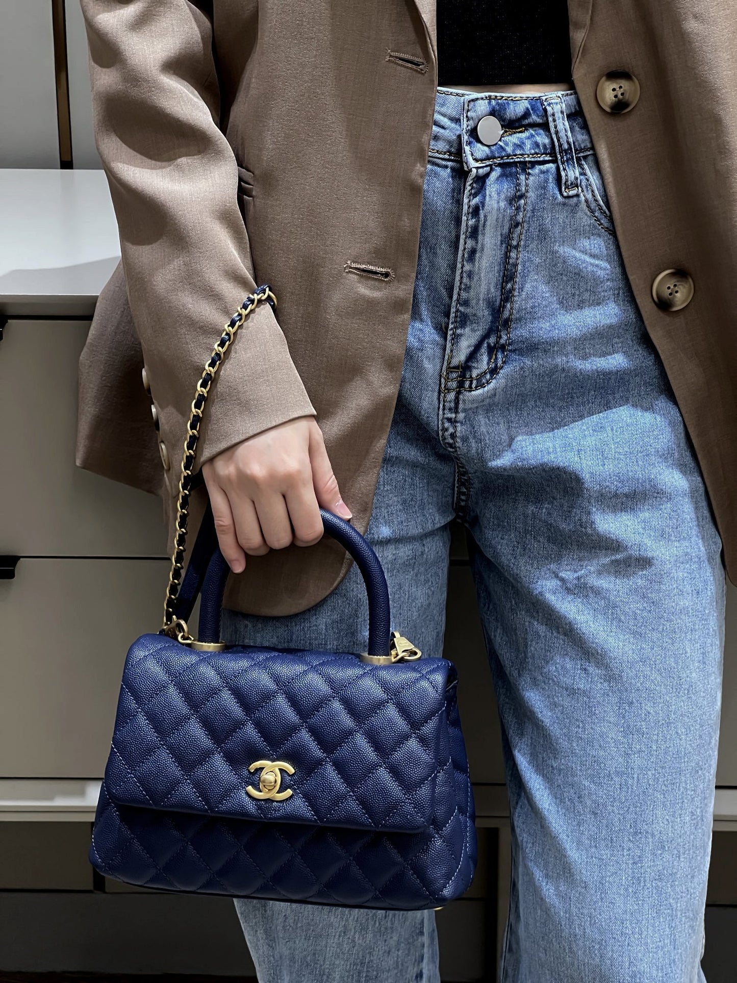 CH FLAP BAG WITH TOP HANDLE 24 Small Grained Calfskin Navy Blue