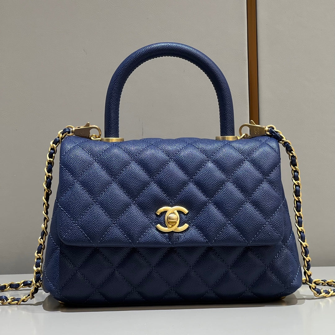 CH FLAP BAG WITH TOP HANDLE 24 Small Grained Calfskin Navy Blue