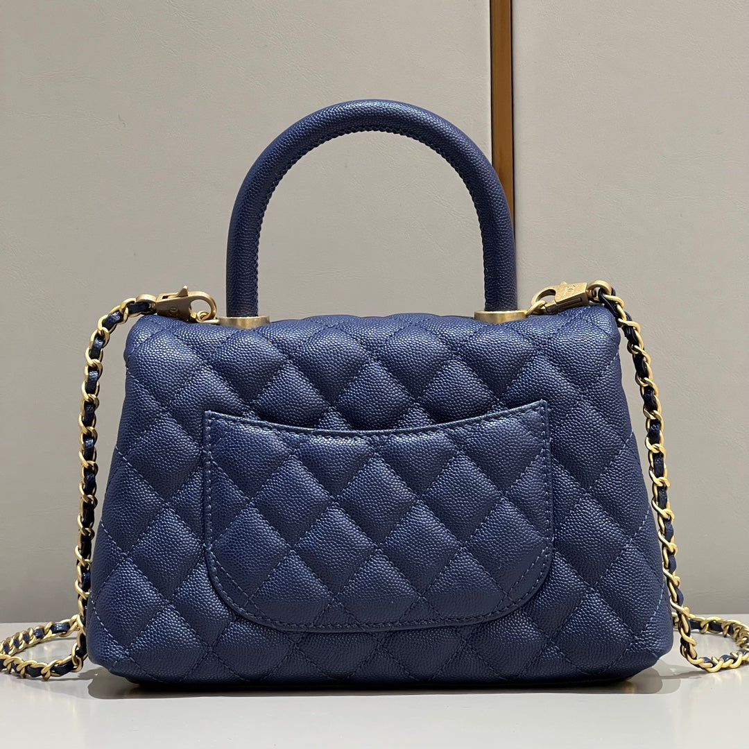 CH FLAP BAG WITH TOP HANDLE 24 Small Grained Calfskin Navy Blue
