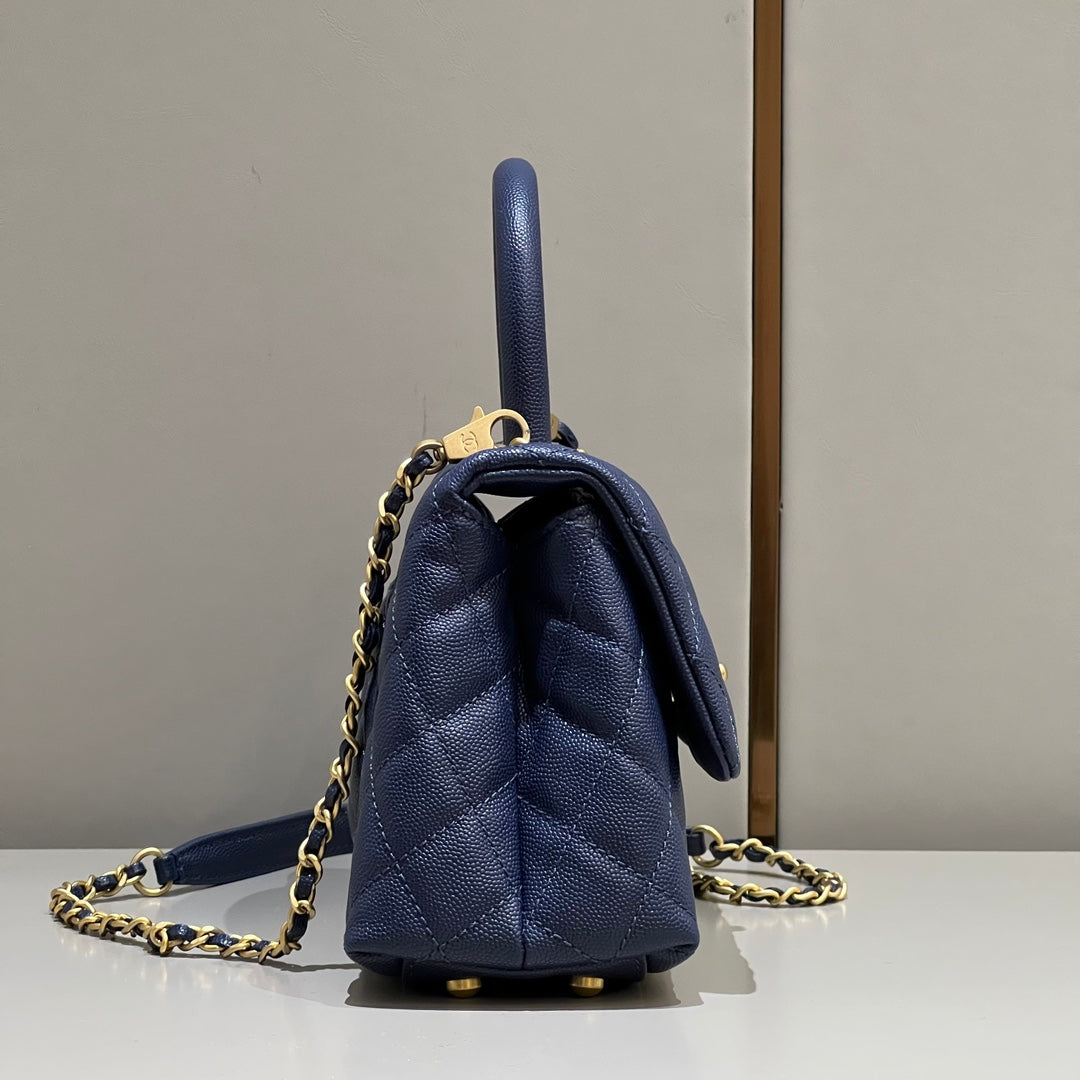 CH FLAP BAG WITH TOP HANDLE 24 Small Grained Calfskin Navy Blue