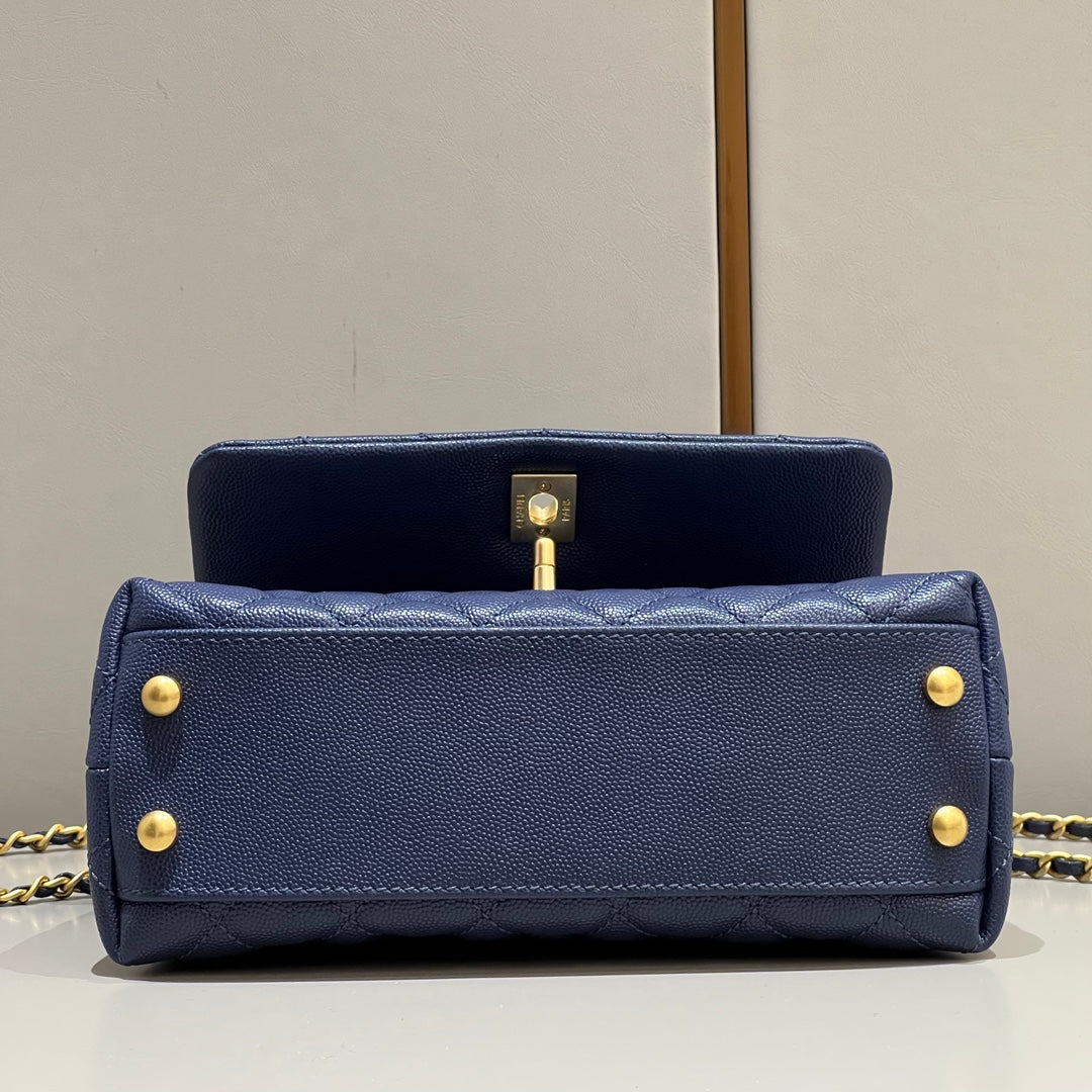 CH FLAP BAG WITH TOP HANDLE 24 Small Grained Calfskin Navy Blue