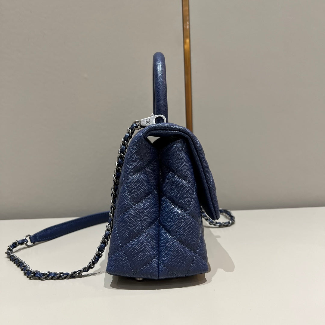 CH FLAP BAG WITH TOP HANDLE 24 Small Grained Calfskin Navy Blue