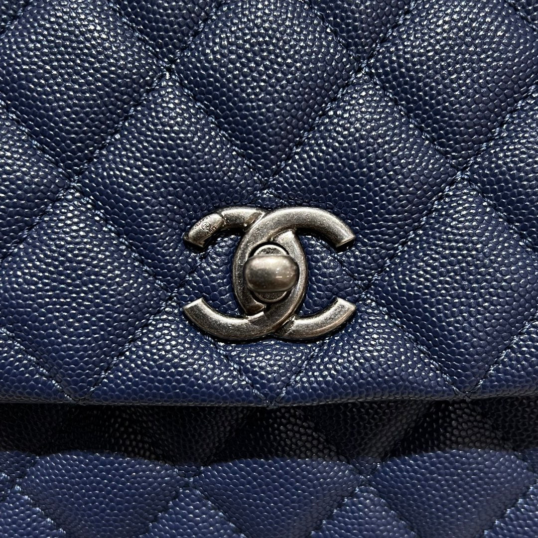 CH FLAP BAG WITH TOP HANDLE 24 Small Grained Calfskin Navy Blue