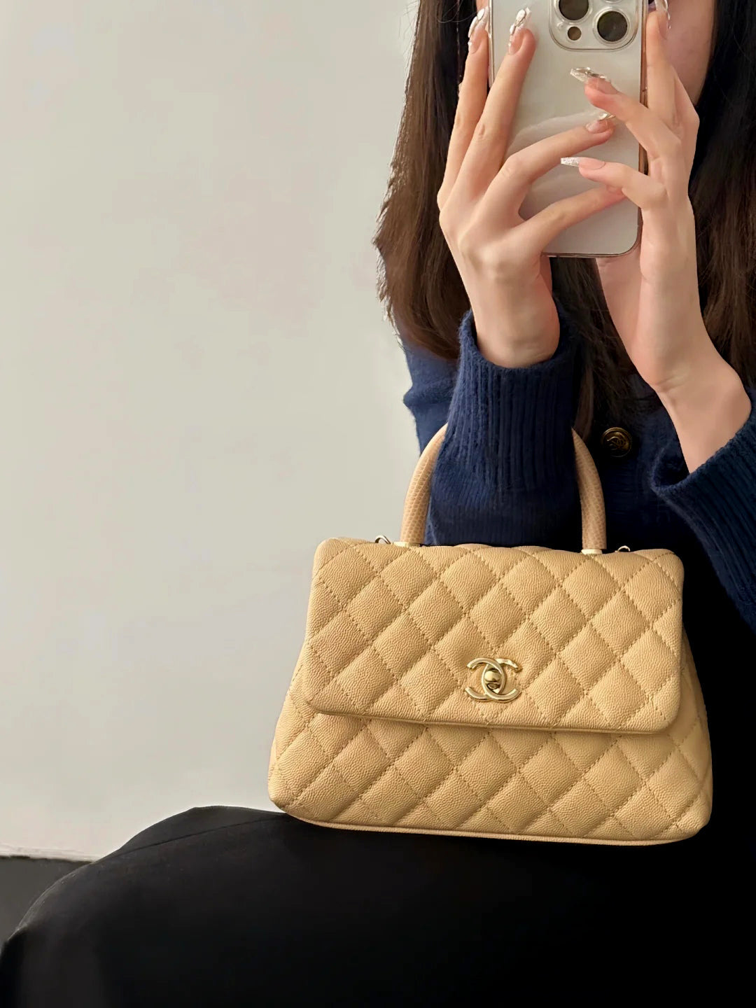 CH FLAP BAG WITH TOP HANDLE 24 Small Grained Calfskin Light Teas