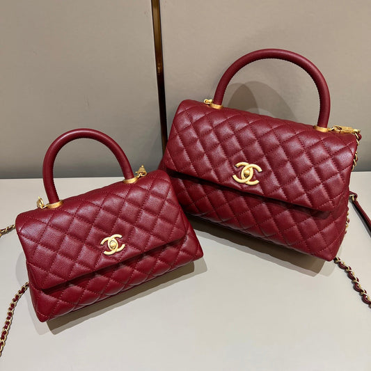 CH FLAP BAG WITH TOP HANDLE 24 Small Grained Calfskin Red Wine Color