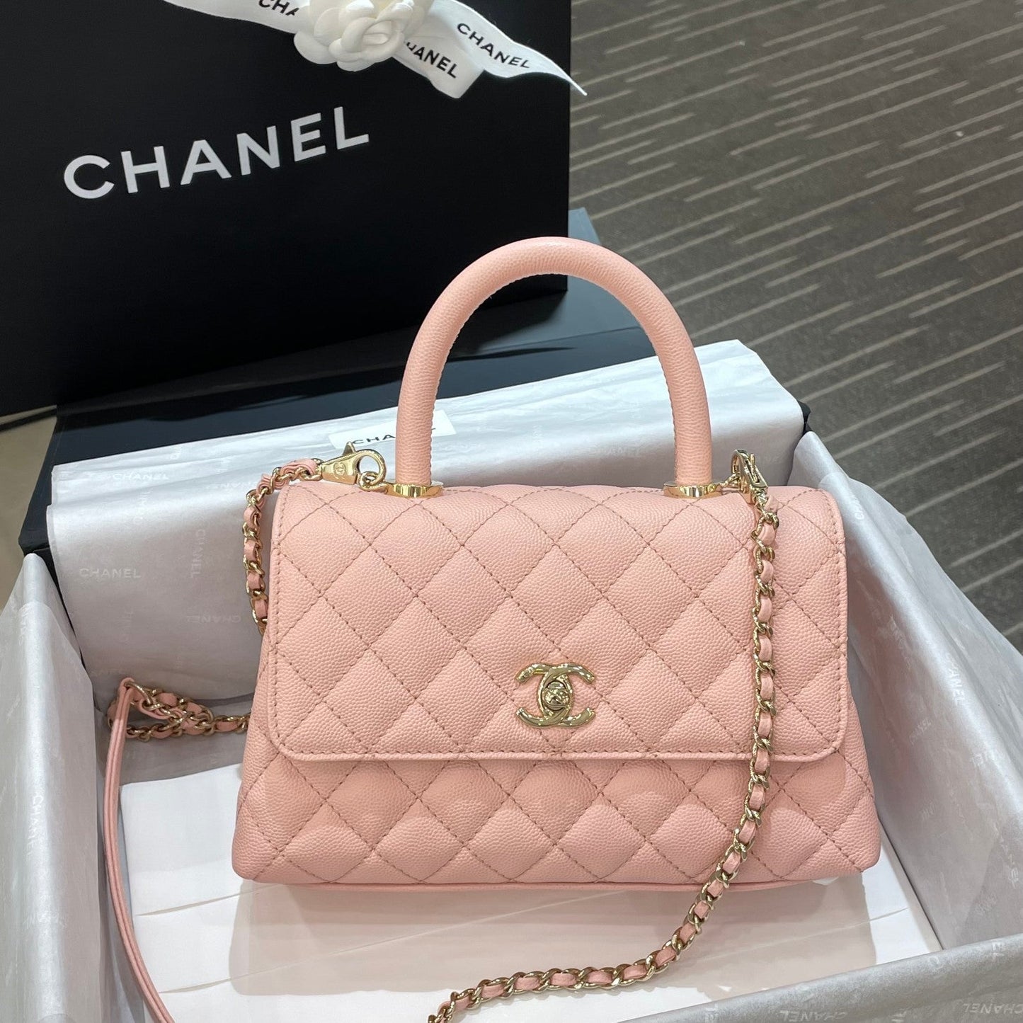 CH FLAP BAG WITH TOP HANDLE 24 Small Grained Calfskin Pink