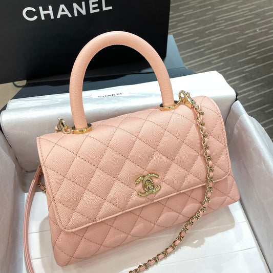 CH FLAP BAG WITH TOP HANDLE 24 Small Grained Calfskin Pink