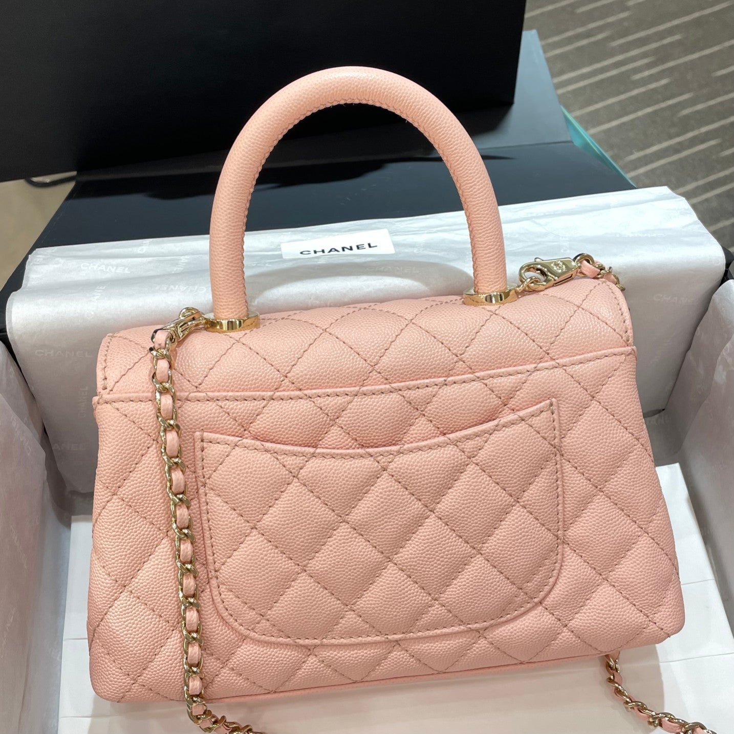 CH FLAP BAG WITH TOP HANDLE 24 Small Grained Calfskin Pink