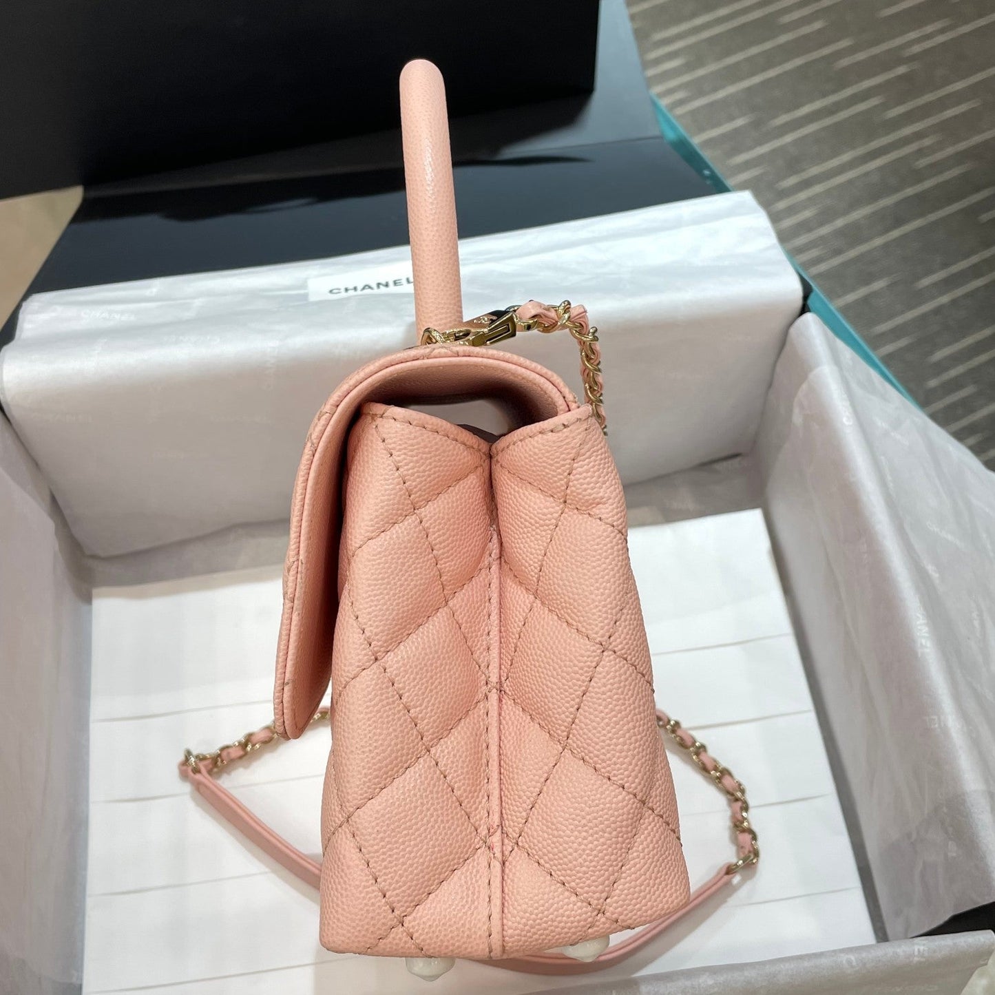 CH FLAP BAG WITH TOP HANDLE 24 Small Grained Calfskin Pink
