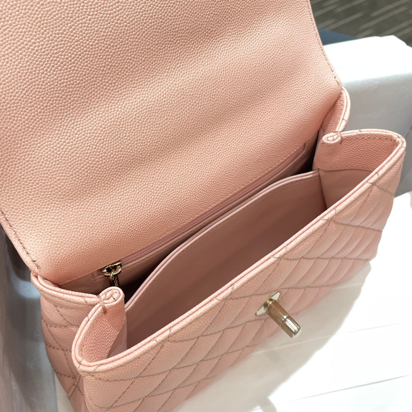 CH FLAP BAG WITH TOP HANDLE 24 Small Grained Calfskin Pink