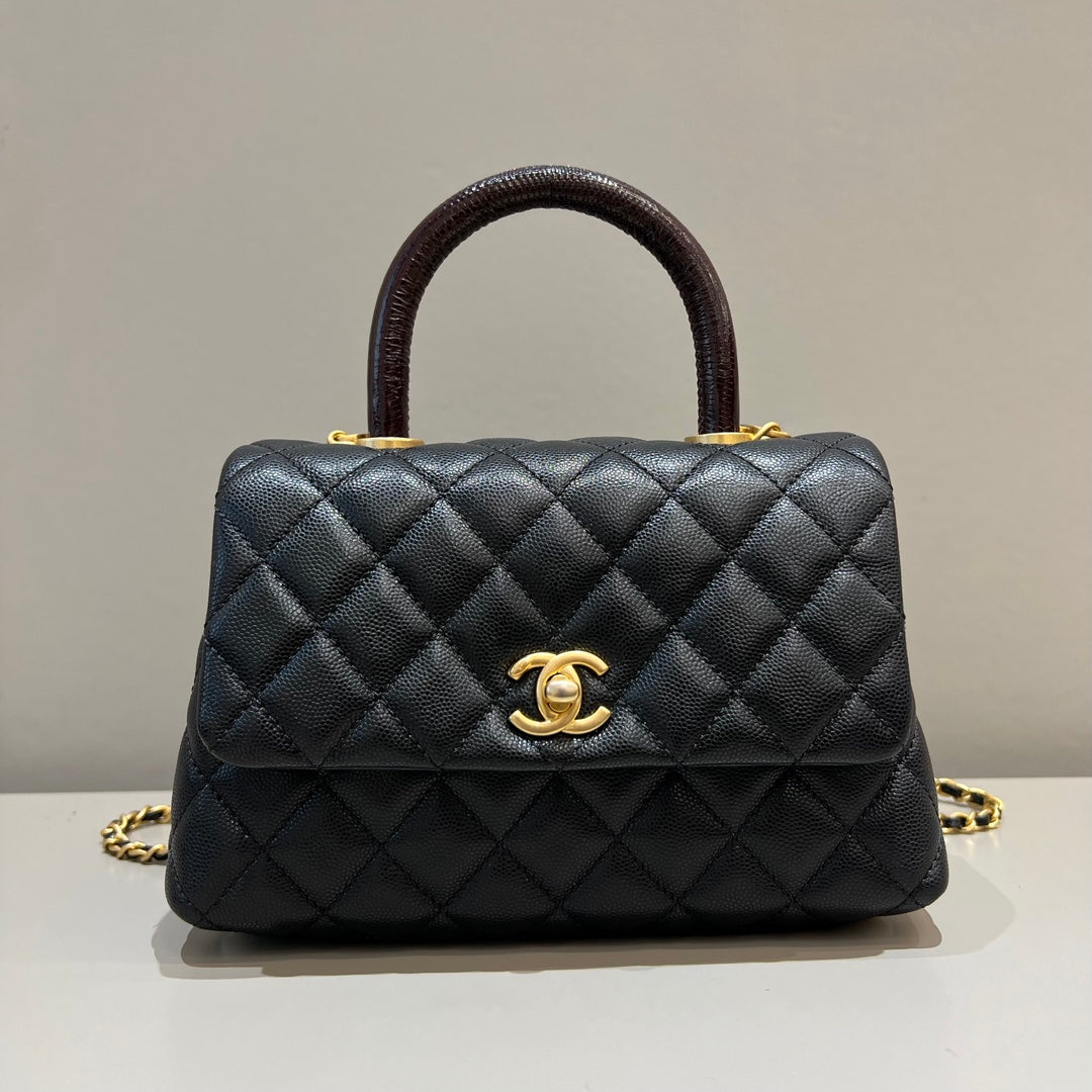 CH FLAP BAG WITH TOP HANDLE 24 Small Grained Calfskin Lizard Handle Black