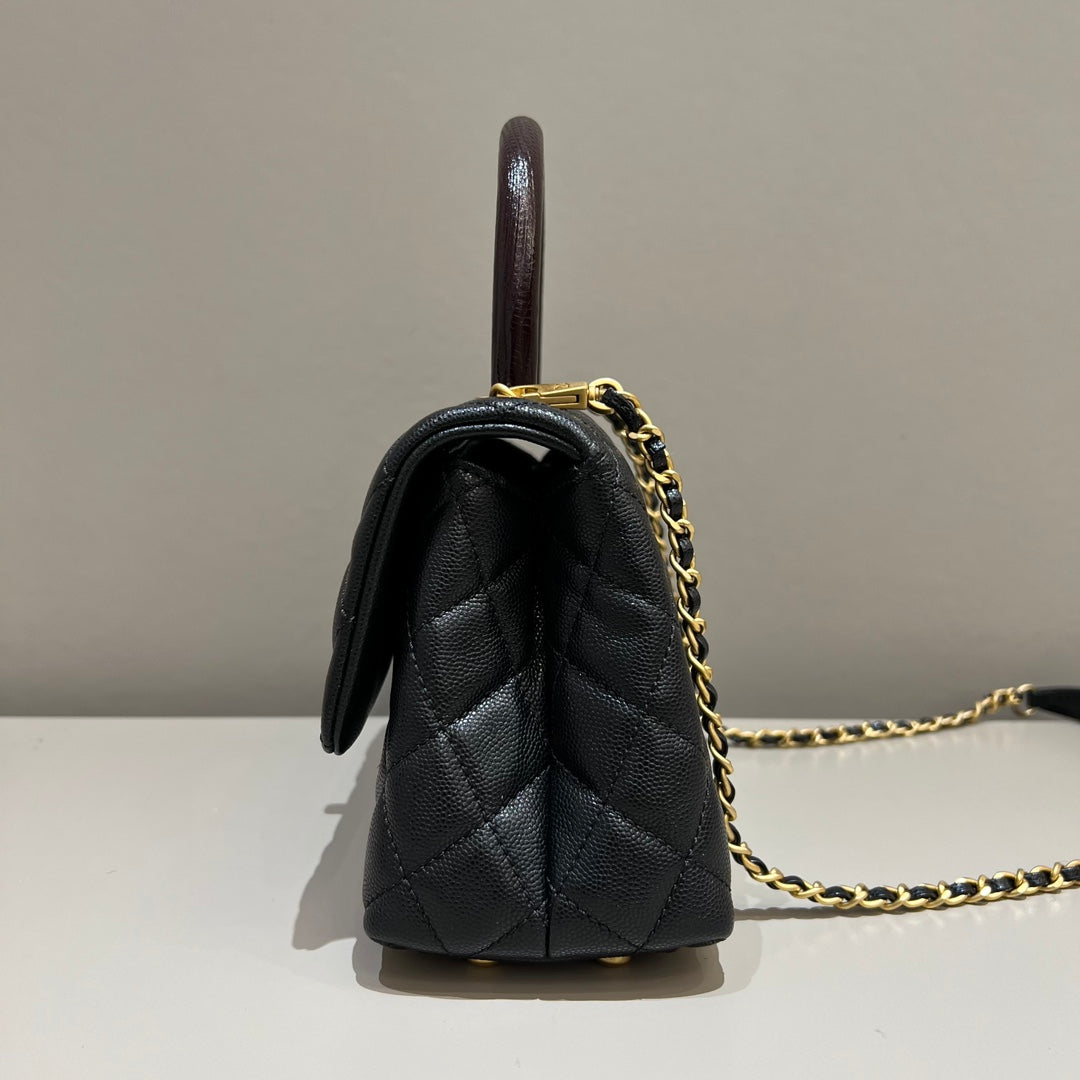 CH FLAP BAG WITH TOP HANDLE 24 Small Grained Calfskin Lizard Handle Black