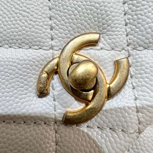 CH FLAP BAG WITH TOP HANDLE 24 Small Grained Calfskin Lizard Handle White