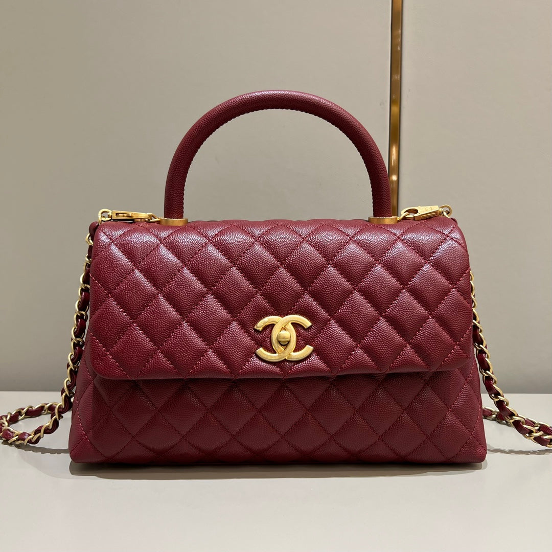 CH LARGE FLAP BAG WITH TOP HANDLE 29 Small Grained Calfskin Red Wine Color