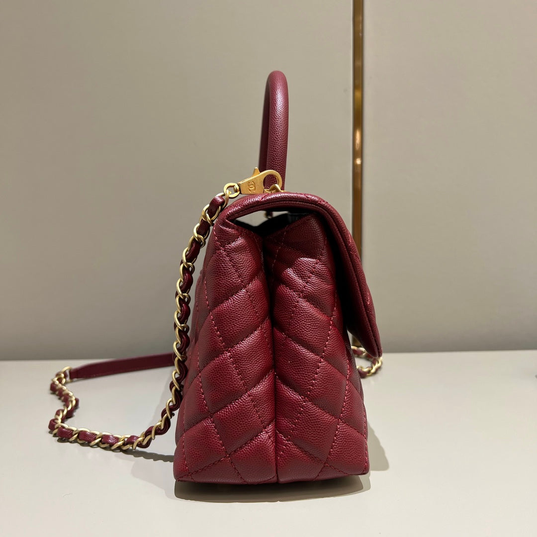 CH LARGE FLAP BAG WITH TOP HANDLE 29 Small Grained Calfskin Red Wine Color