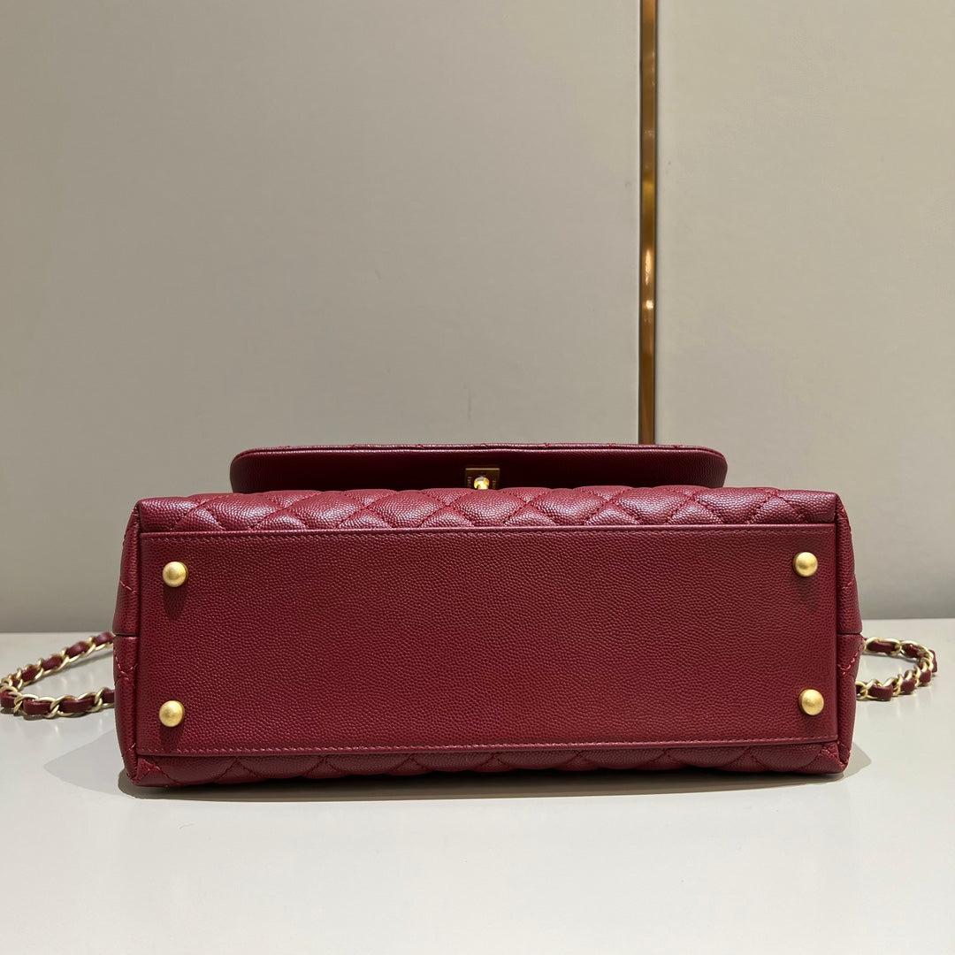 CH LARGE FLAP BAG WITH TOP HANDLE 29 Small Grained Calfskin Red Wine Color