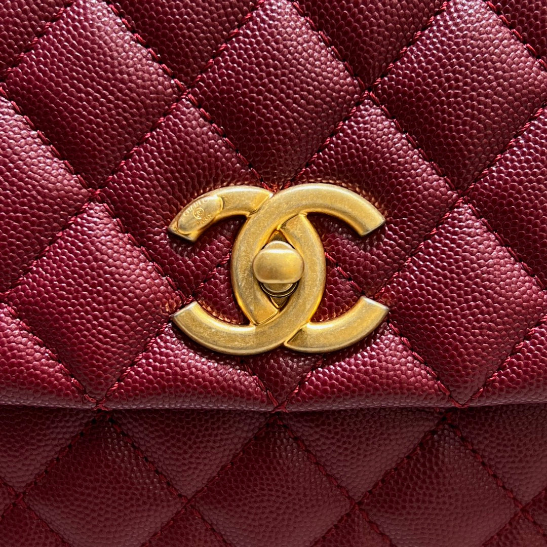 CH LARGE FLAP BAG WITH TOP HANDLE 29 Small Grained Calfskin Red Wine Color
