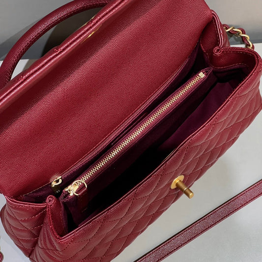 CH LARGE FLAP BAG WITH TOP HANDLE 29 Small Grained Calfskin Red Wine Color
