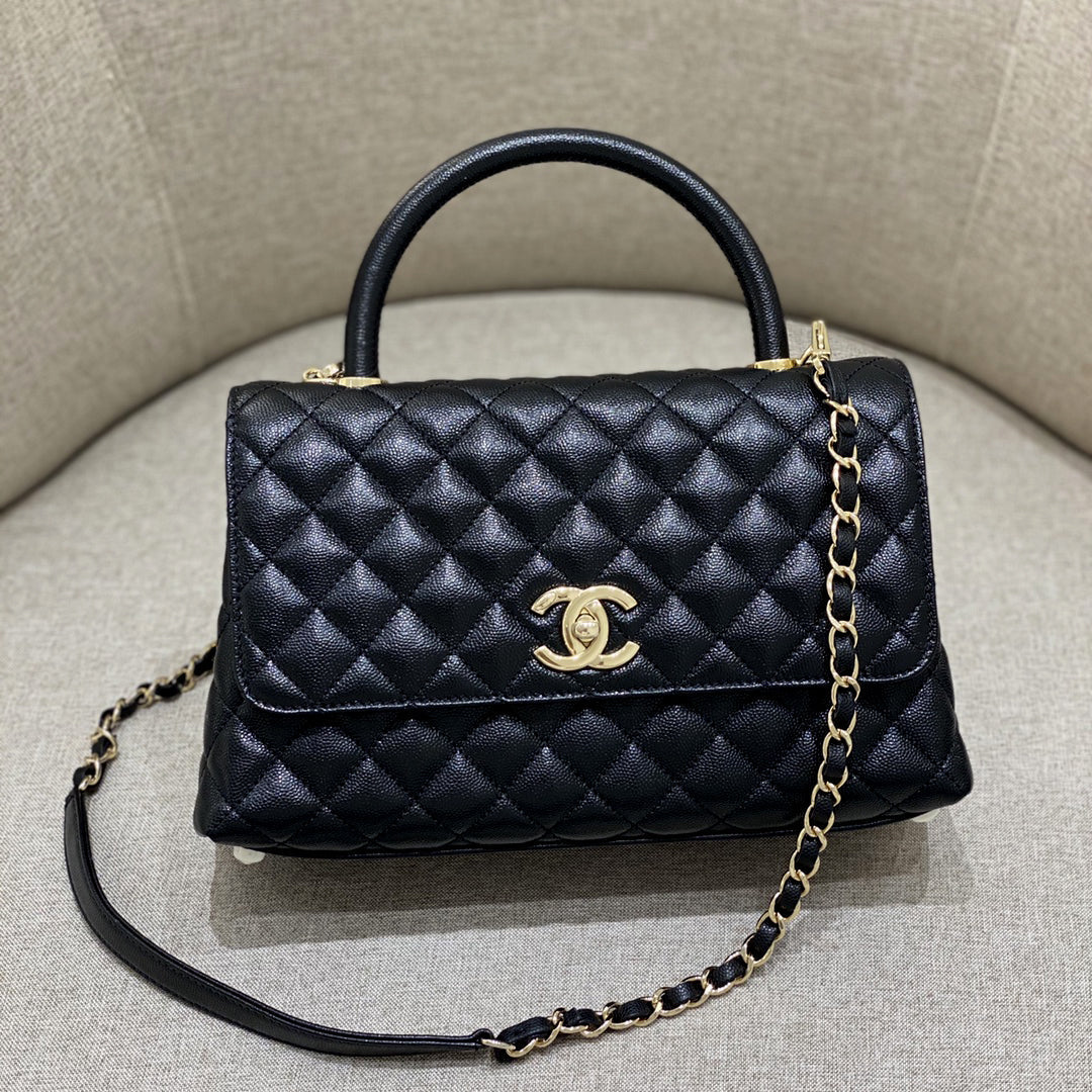CH LARGE FLAP BAG WITH TOP HANDLE 29 Small Grained Calfskin Black