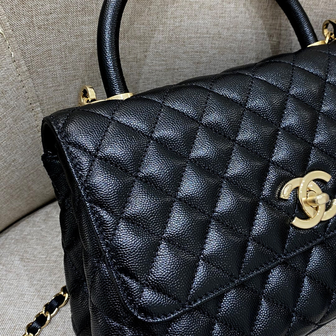 CH LARGE FLAP BAG WITH TOP HANDLE 29 Small Grained Calfskin Black