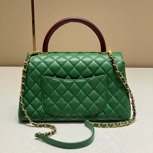 CH LARGE FLAP BAG WITH TOP HANDLE 29 Small Grained Calfskin Lizard Handle Green