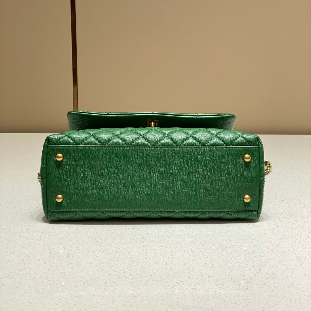 CH LARGE FLAP BAG WITH TOP HANDLE 29 Small Grained Calfskin Lizard Handle Green