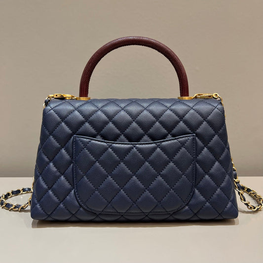 CH LARGE FLAP BAG WITH TOP HANDLE 29 Small Grained Calfskin Lizard Handle Navy Blue