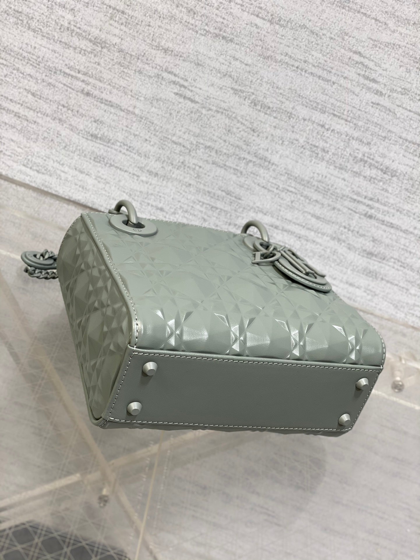 DO Mini Lady Bag Stone Gray Diamond Pattern Calfskin