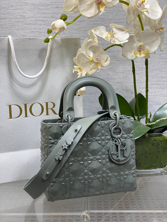 DO Mini Lady Bag Stone Gray Diamond Pattern Calfskin