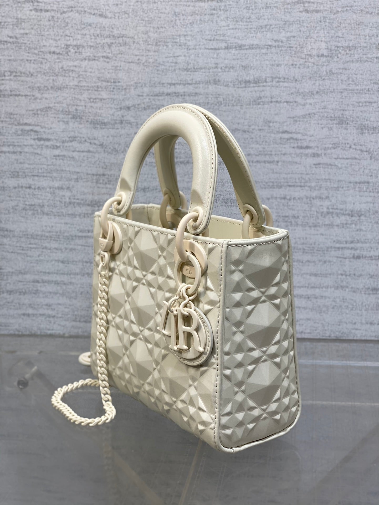 DO Mini Lady Bag Matte White Diamond Pattern Calfskin