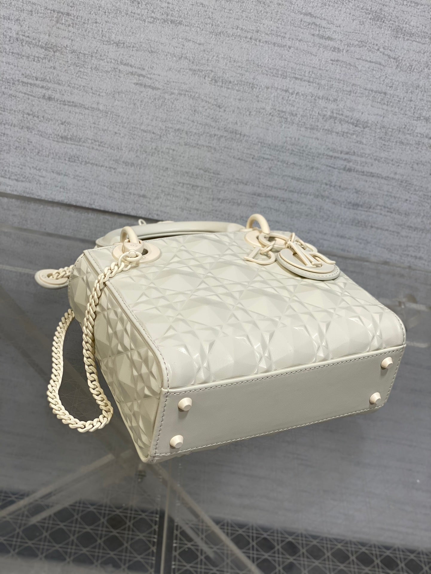 DO Mini Lady Bag Matte White Diamond Pattern Calfskin