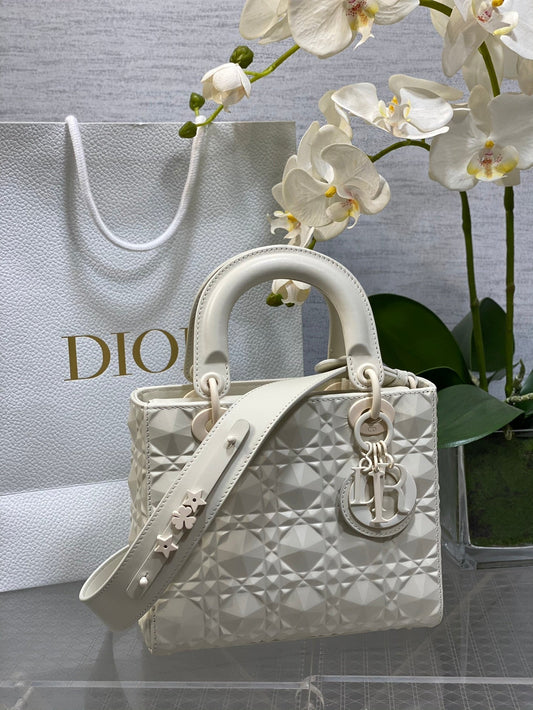 DO Mini Lady Bag Matte White Diamond Pattern Calfskin