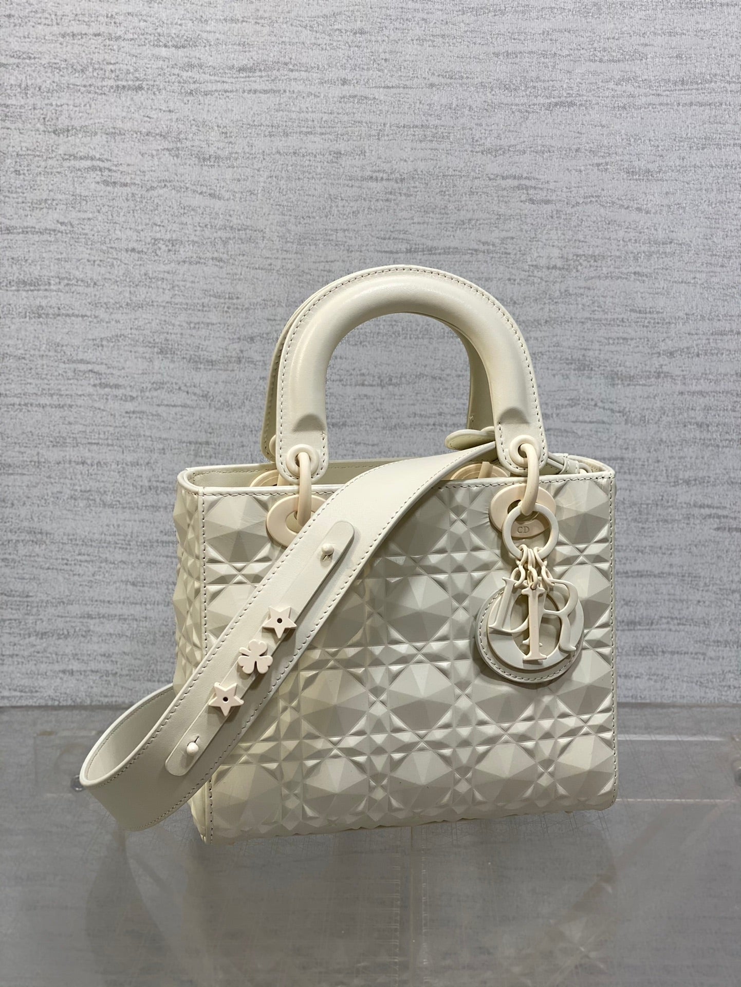 DO Mini Lady Bag Matte White Diamond Pattern Calfskin