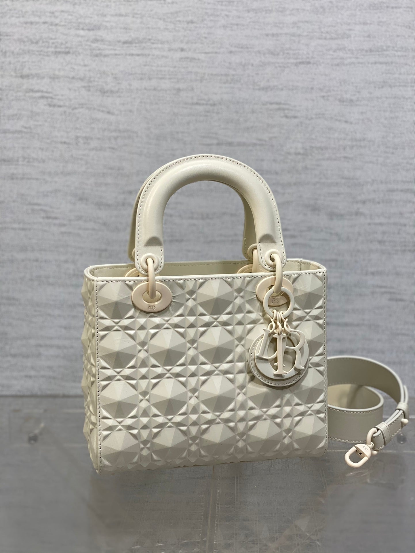 DO Mini Lady Bag Matte White Diamond Pattern Calfskin