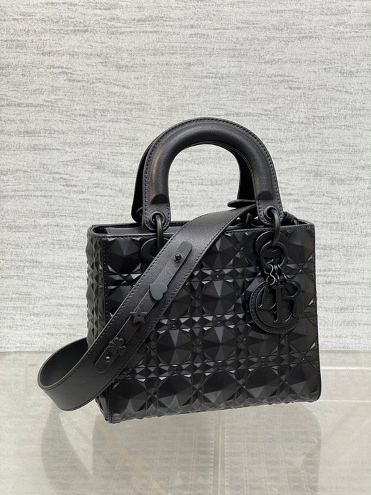DO Mini Lady Bag Matte Black Diamond Pattern Calfskin