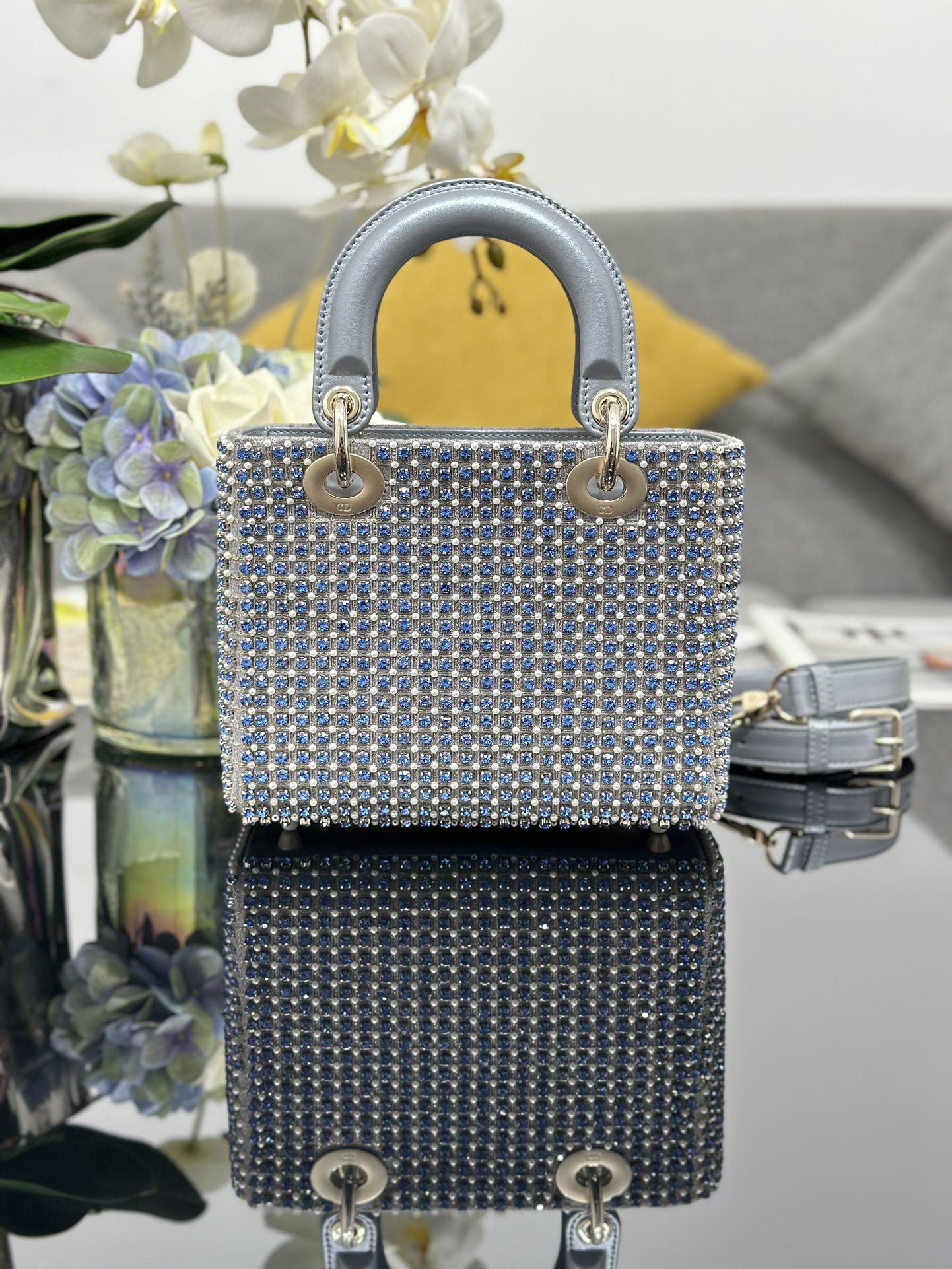 DO Mini Lady Bag Grey Sapphire Pearl decoration Embroidery