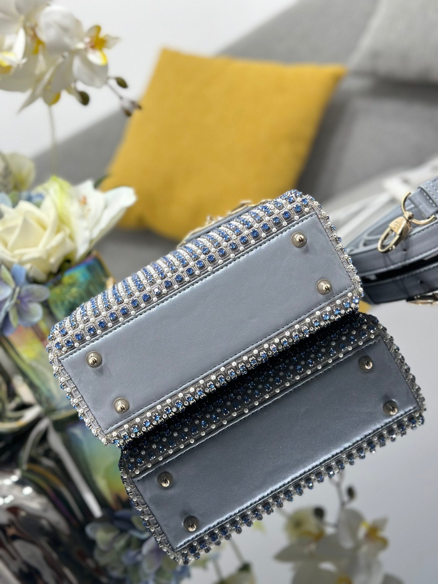 DO Mini Lady Bag Grey Sapphire Pearl decoration Embroidery
