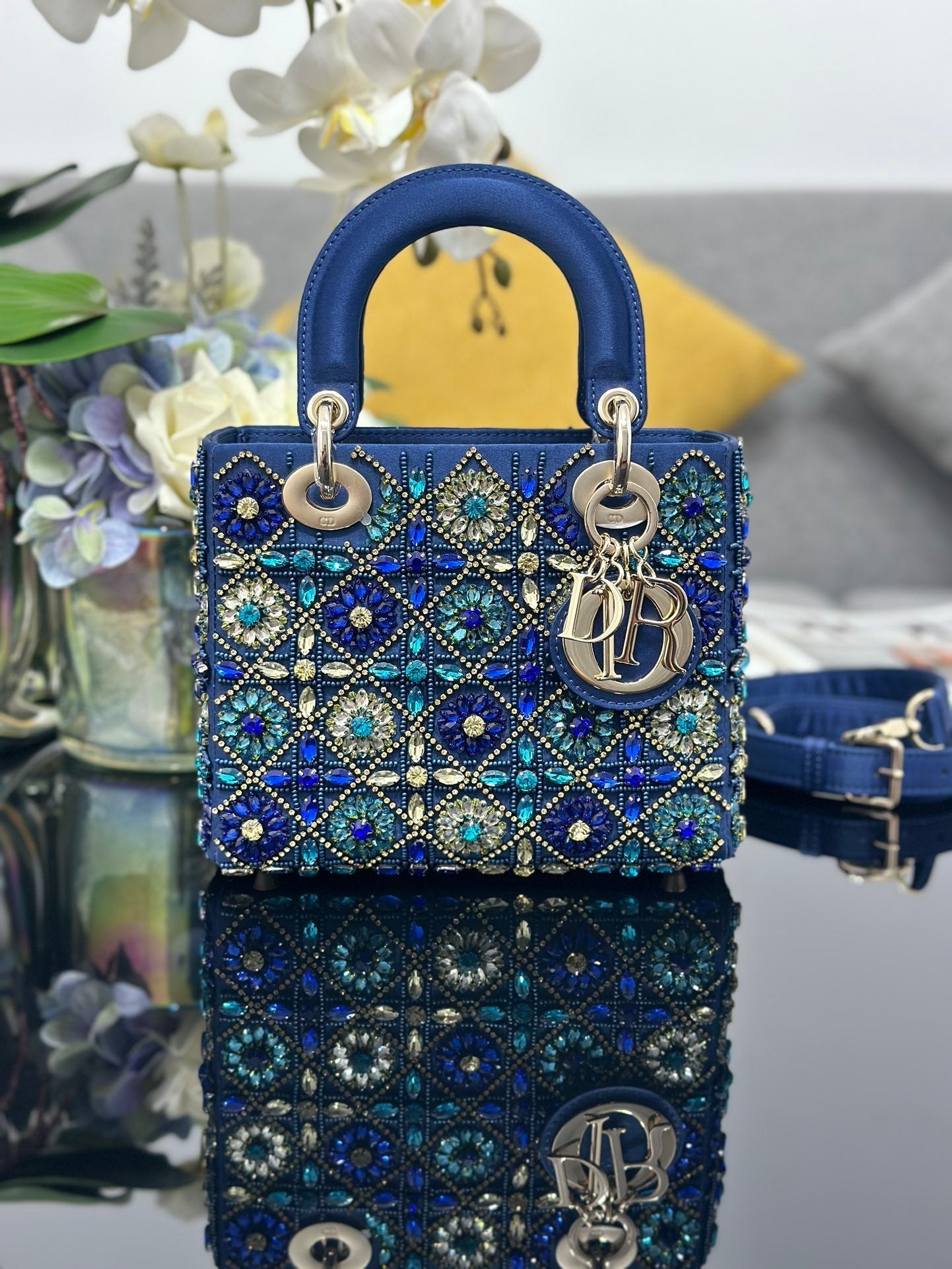DO Mini Lady Bag Blue Sapphire Pearl decoration Embroidery