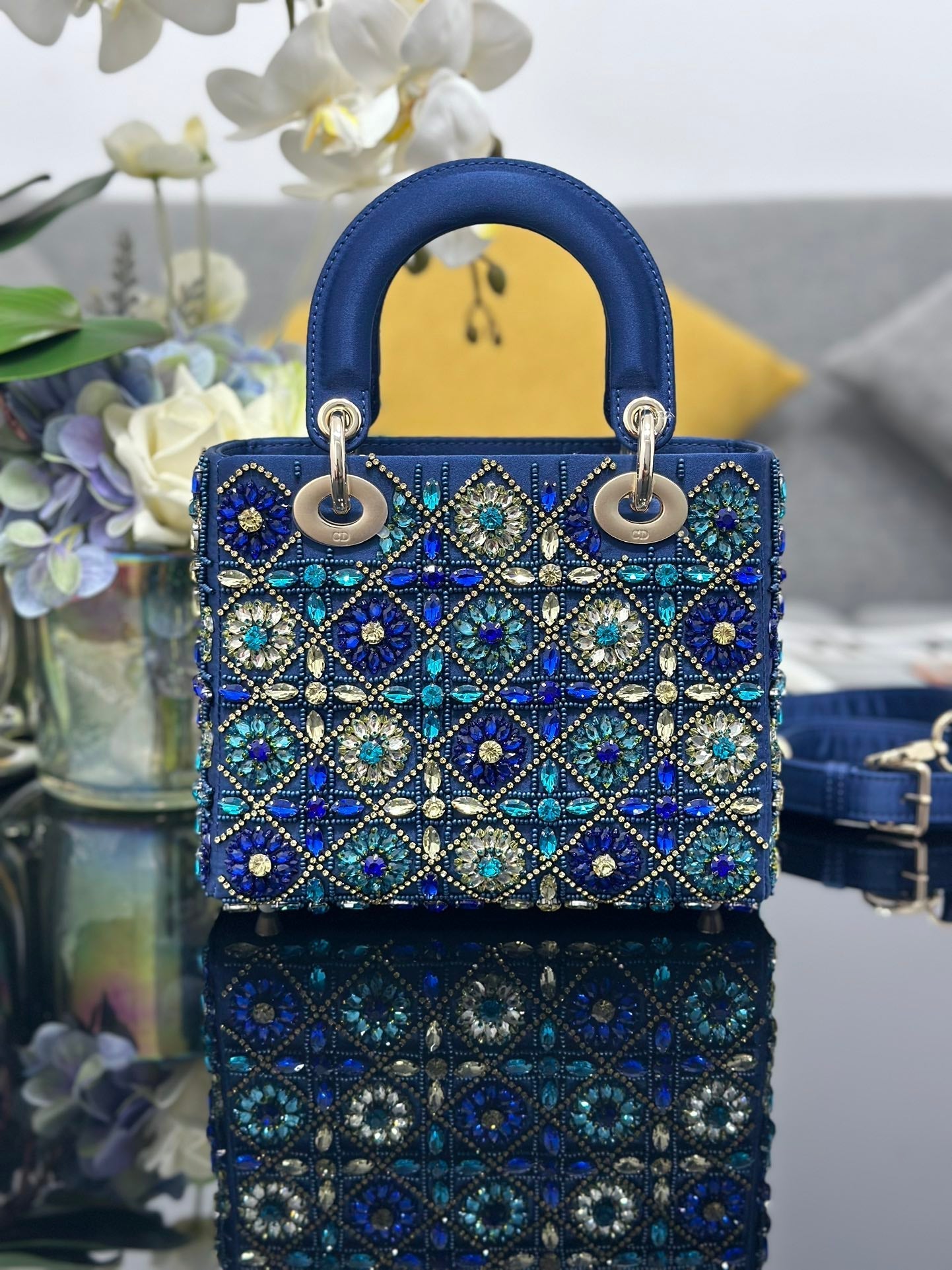 DO Mini Lady Bag Blue Sapphire Pearl decoration Embroidery