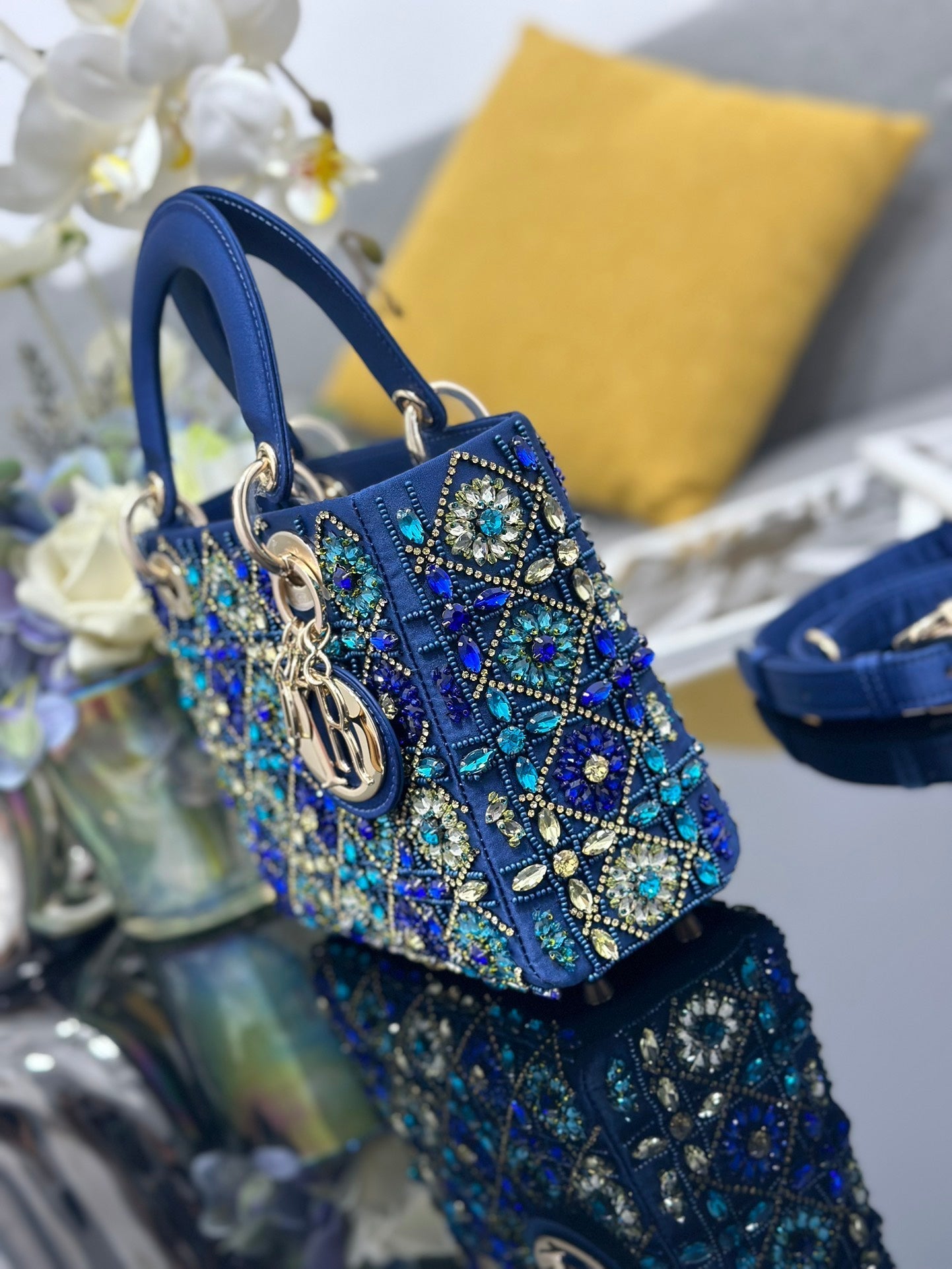 DO Mini Lady Bag Blue Sapphire Pearl decoration Embroidery