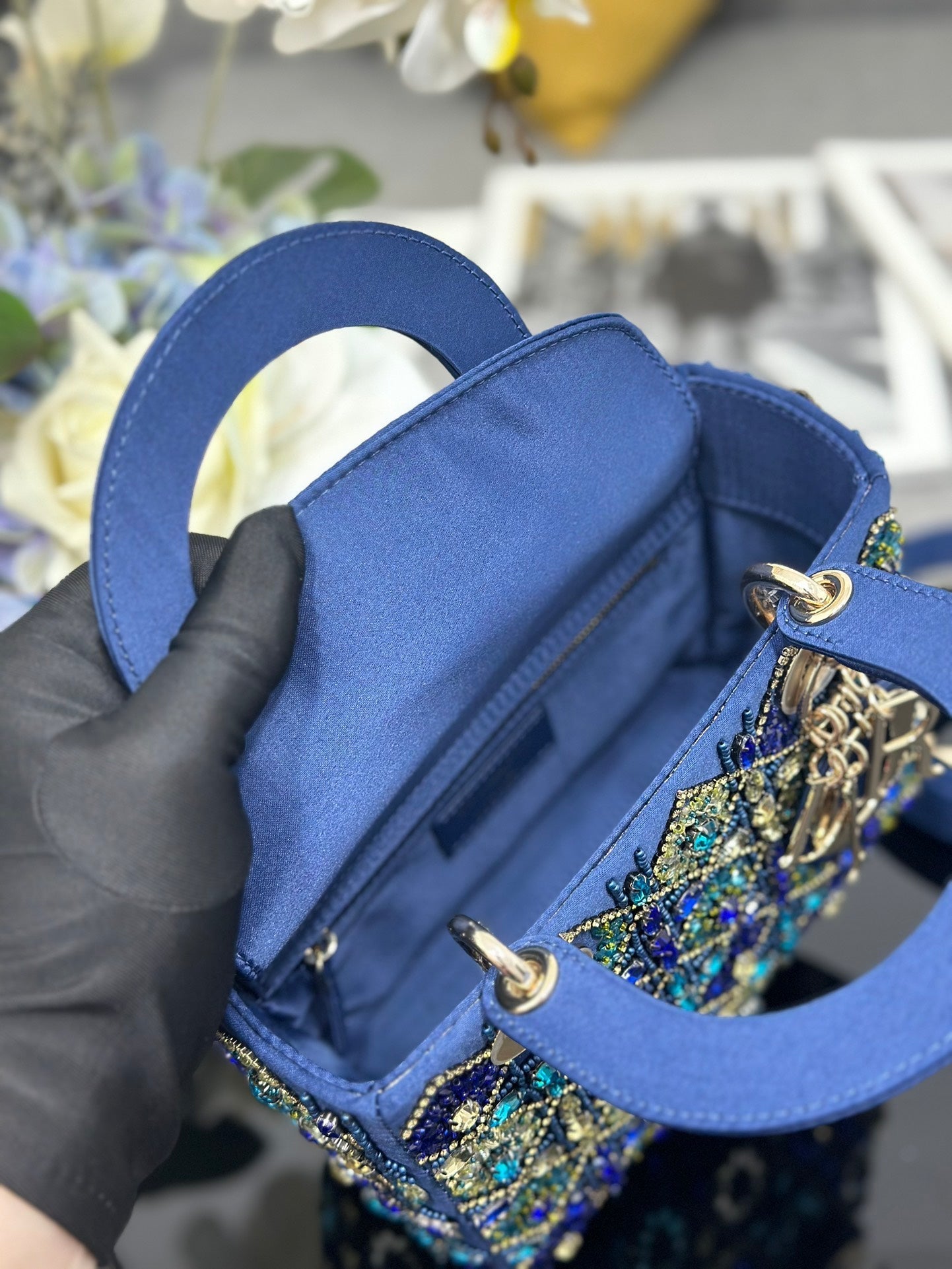 DO Mini Lady Bag Blue Sapphire Pearl decoration Embroidery