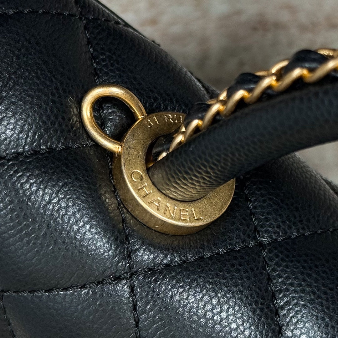 CH FLAP BAG WITH TOP HANDLE 24 Grained Calfskin Black