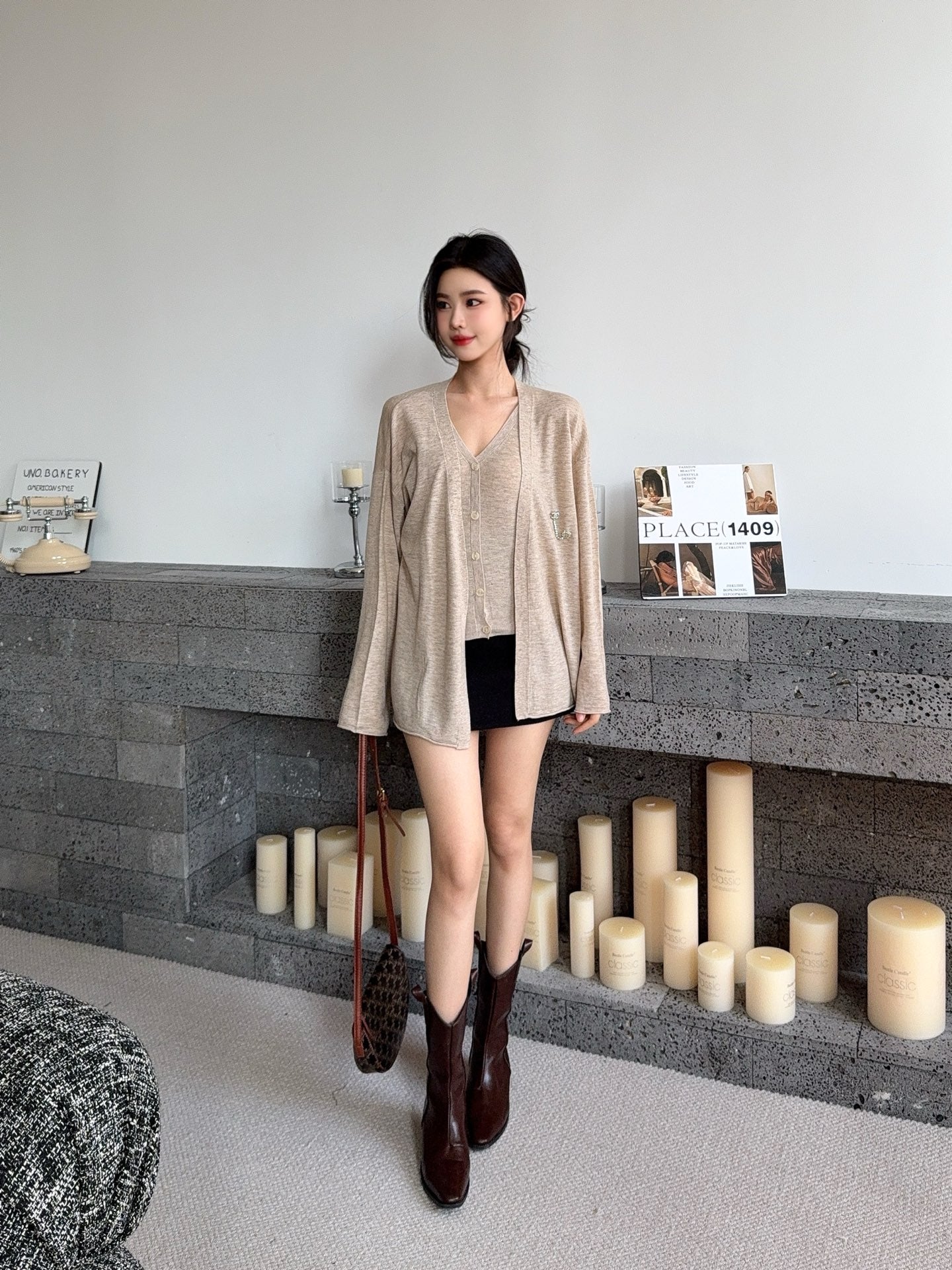 Chan 25fw knitted vest cardigan set