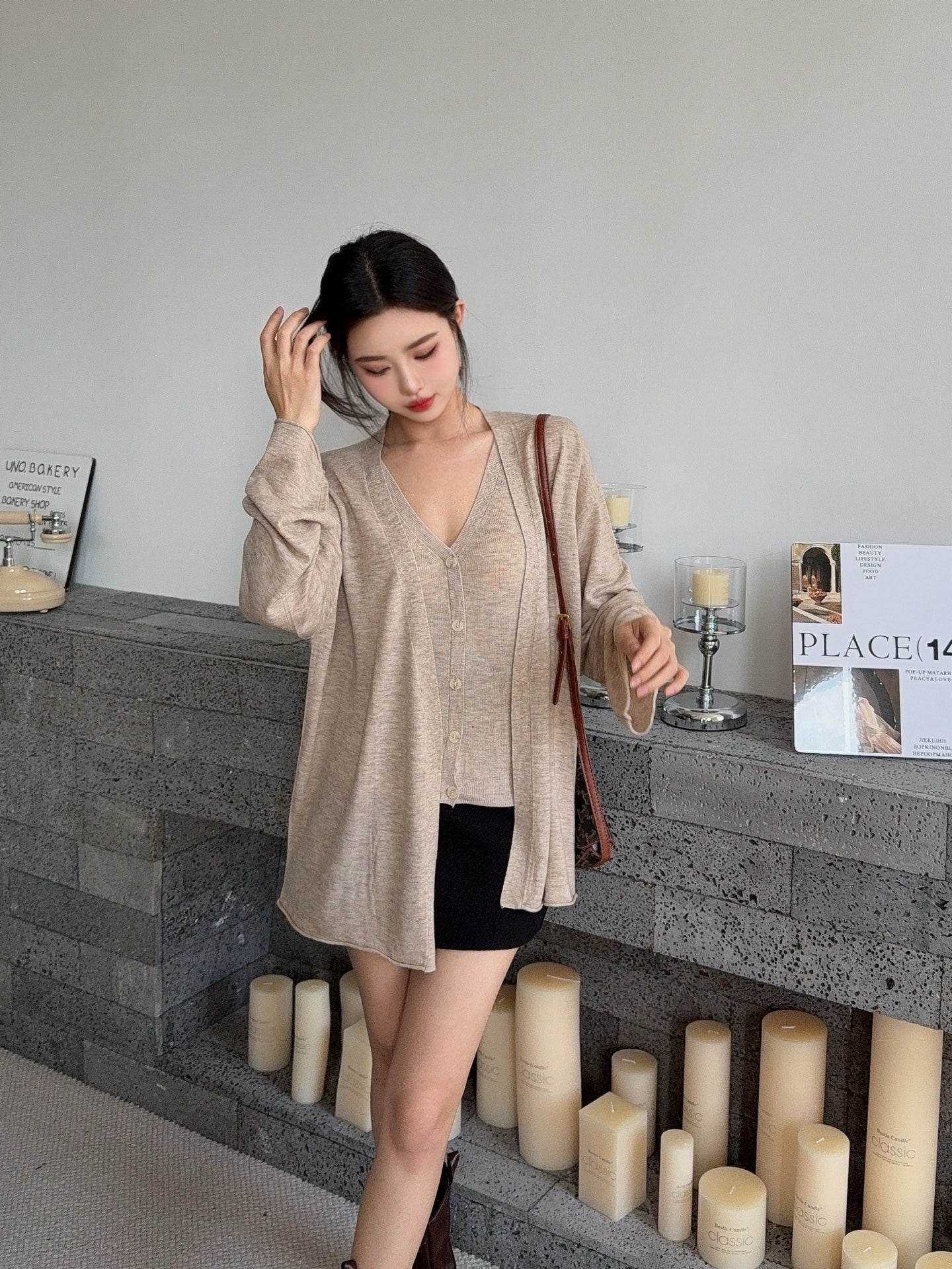 Chan 25fw knitted vest cardigan set